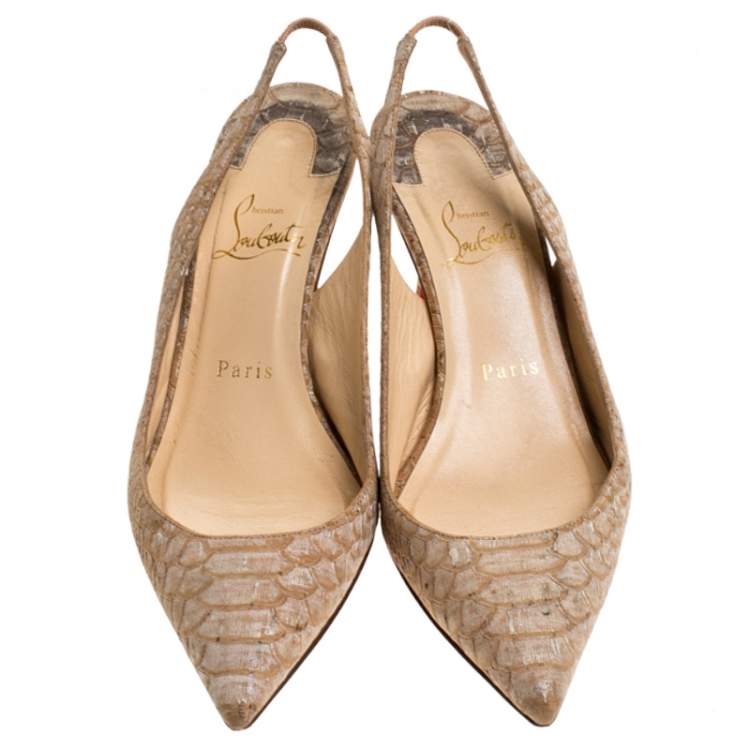 Pre Owned Christian Louboutin Beige Python Apostrophy Slingback Sandals Size 37
