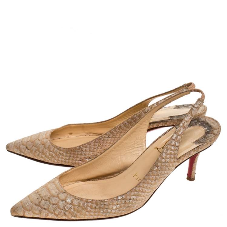 Pre Owned Christian Louboutin Beige Python Apostrophy Slingback Sandals Size 37