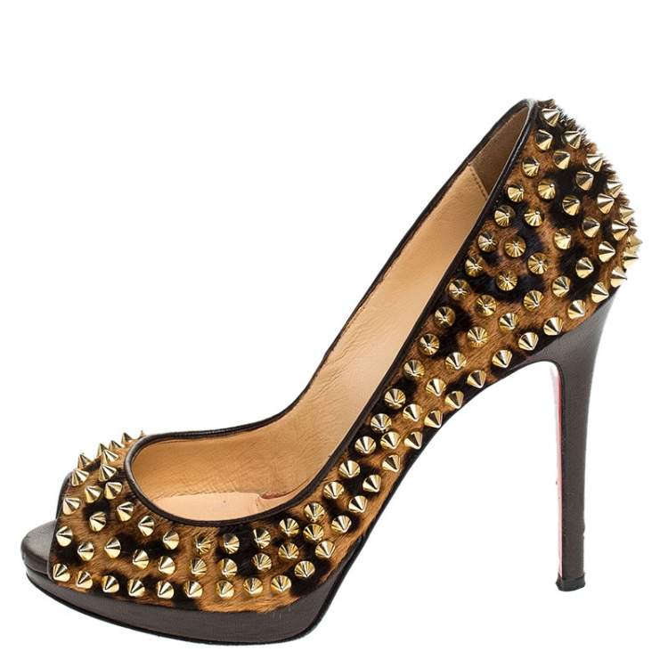 Pre Owned Christian Louboutin Leopard Print Calfhair Yolanda Spikes Peep Toe Pumps Size 36
