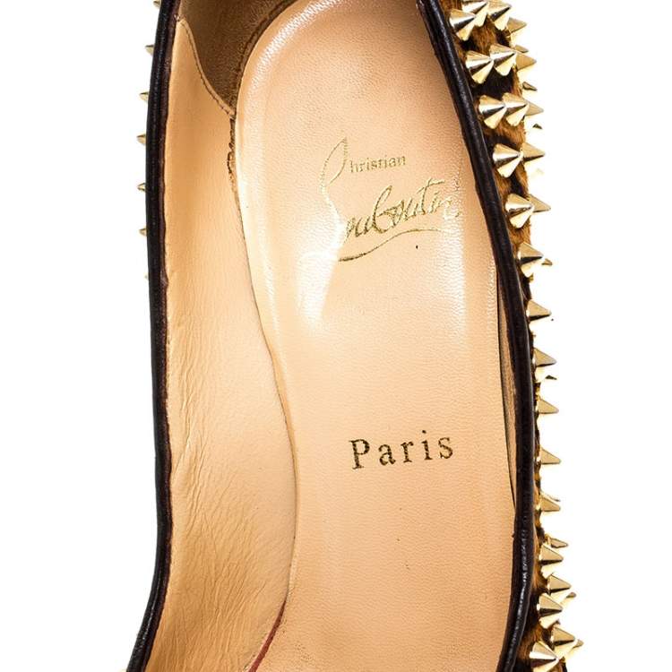 Pre Owned Christian Louboutin Leopard Print Calfhair Yolanda Spikes Peep Toe Pumps Size 36