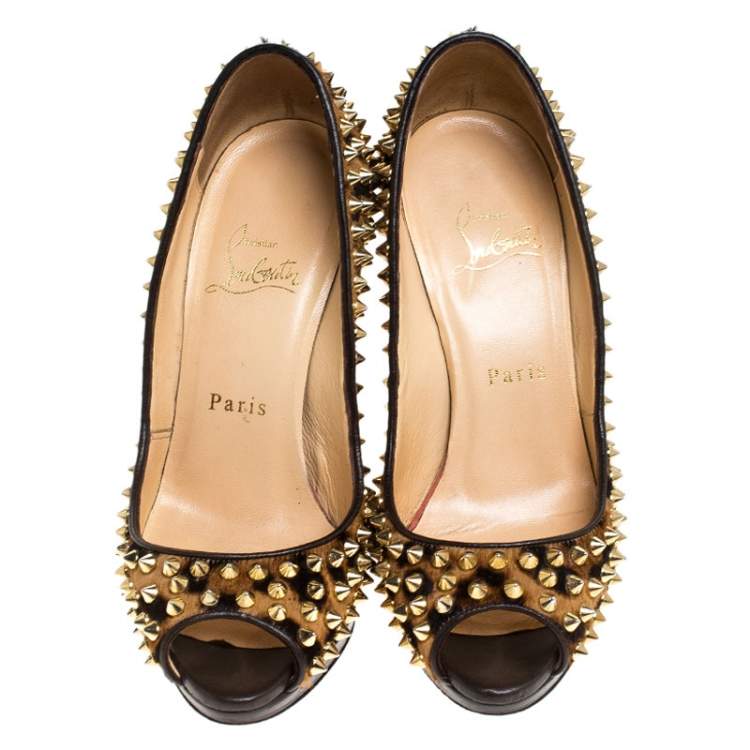 Pre Owned Christian Louboutin Leopard Print Calfhair Yolanda Spikes Peep Toe Pumps Size 36