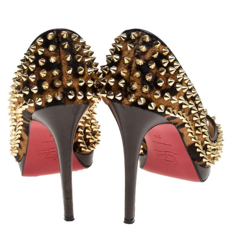 Pre Owned Christian Louboutin Leopard Print Calfhair Yolanda Spikes Peep Toe Pumps Size 36