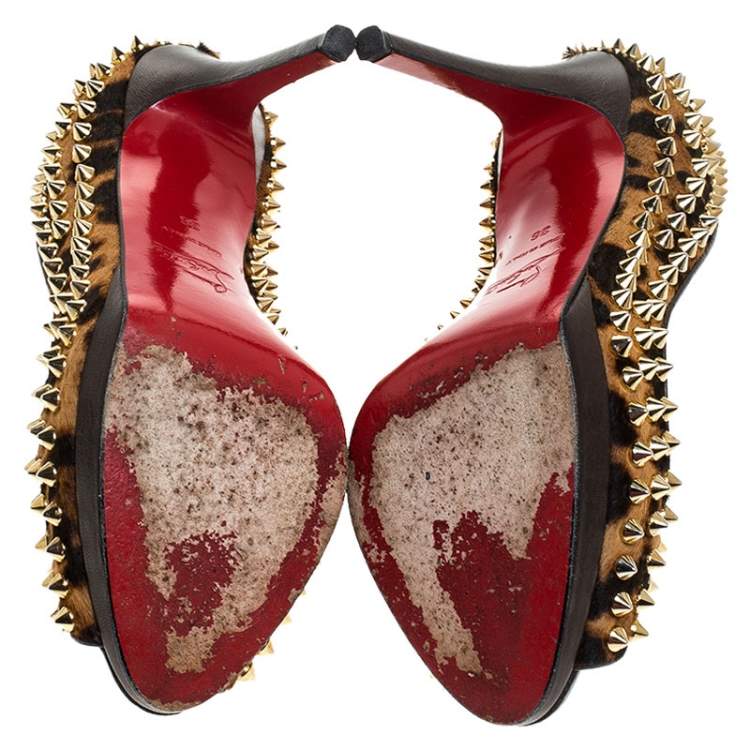 Pre Owned Christian Louboutin Leopard Print Calfhair Yolanda Spikes Peep Toe Pumps Size 36