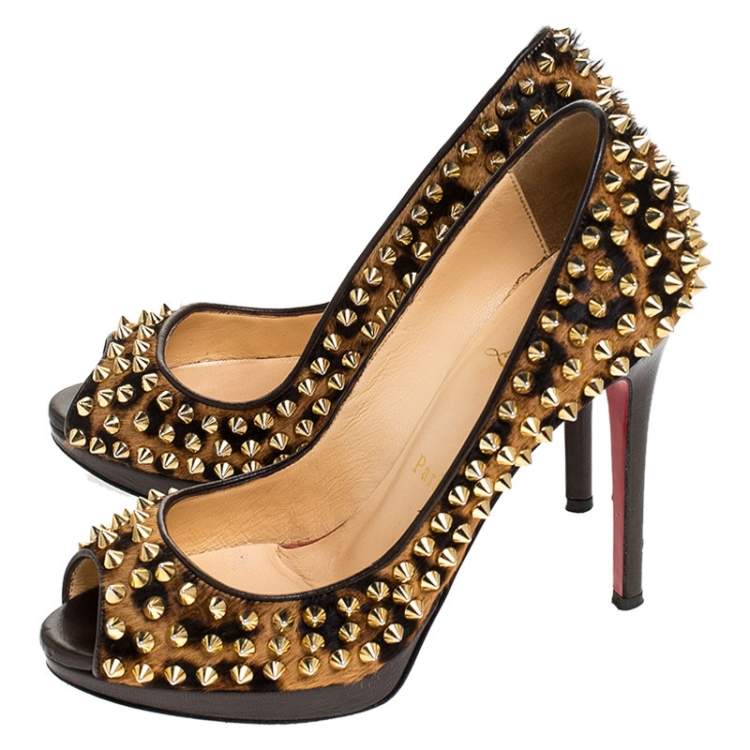 Pre Owned Christian Louboutin Leopard Print Calfhair Yolanda Spikes Peep Toe Pumps Size 36