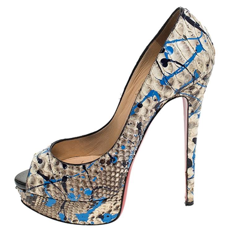 Pre Owned Christian Louboutin Multicolor Python Leather Troca Altareva Lady Peep Toe Platform Pumps Size 38