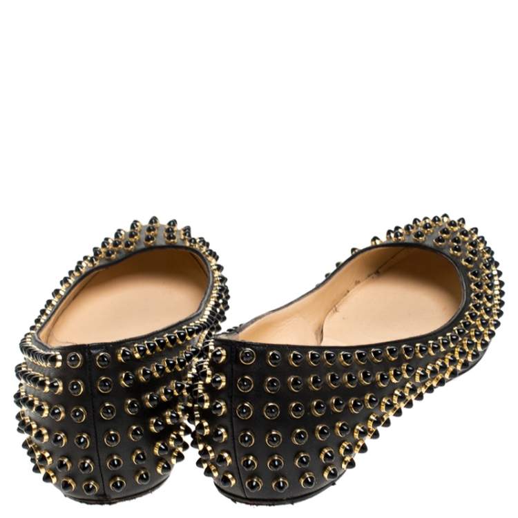 Pre Owned Christian Louboutin Black Leather Studded Ballet Flats Size 38.5