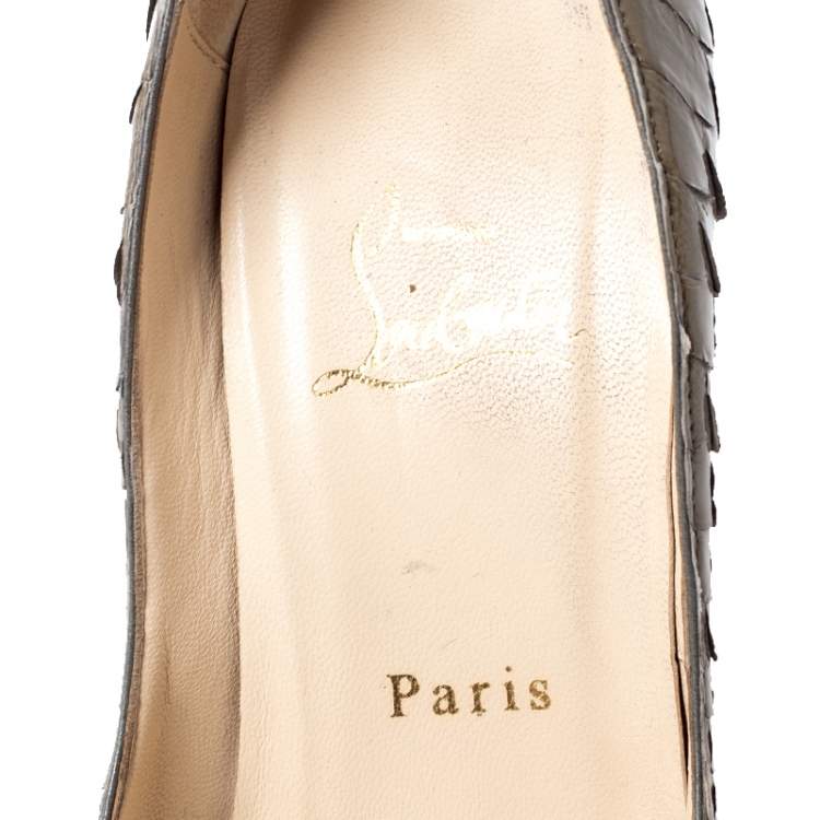 Pre Owned Christian Louboutin Olive Green Python Leather Peep Toe Platform Pumps Size 38.5