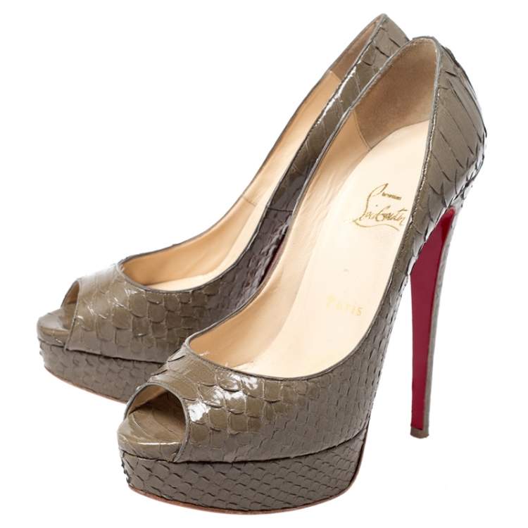 Pre Owned Christian Louboutin Olive Green Python Leather Peep Toe Platform Pumps Size 38.5