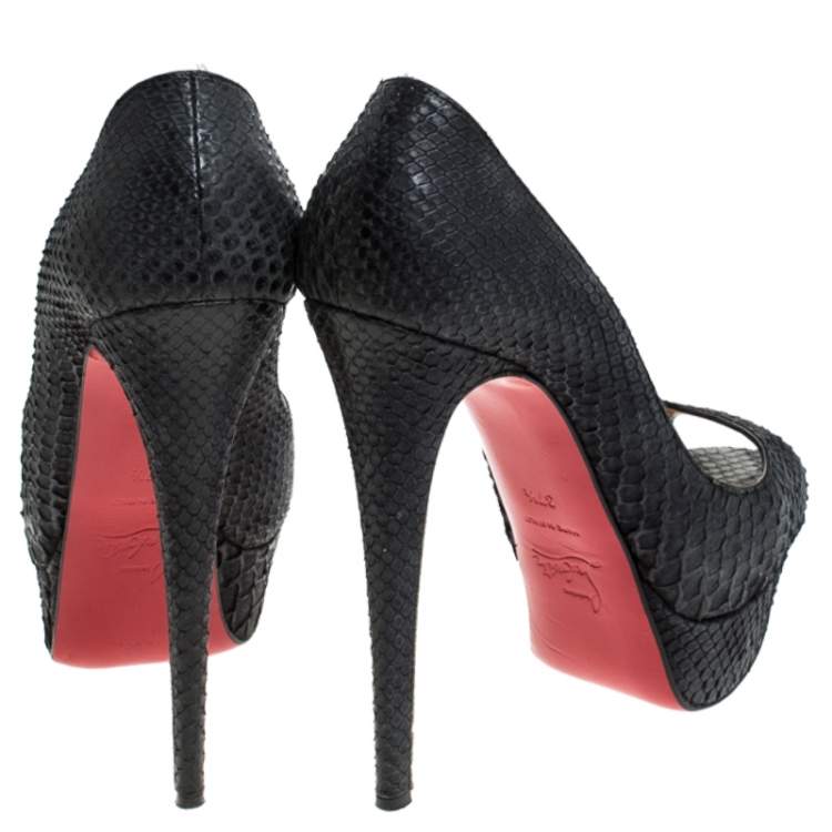 Pre Owned Christian Louboutin Black Python Leather Lady Peep Toe Platform Pumps Size 37.5