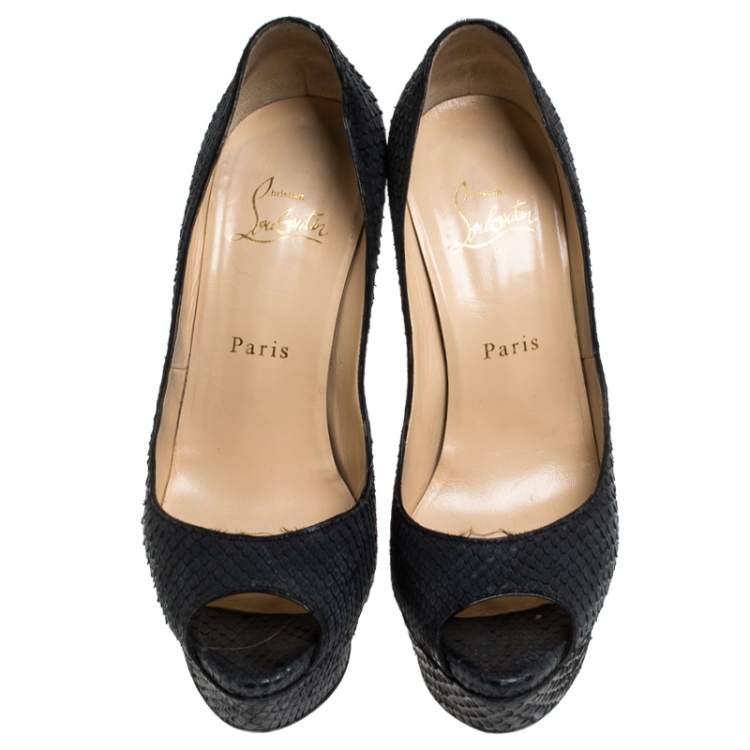 Pre Owned Christian Louboutin Black Python Leather Lady Peep Toe Platform Pumps Size 37.5