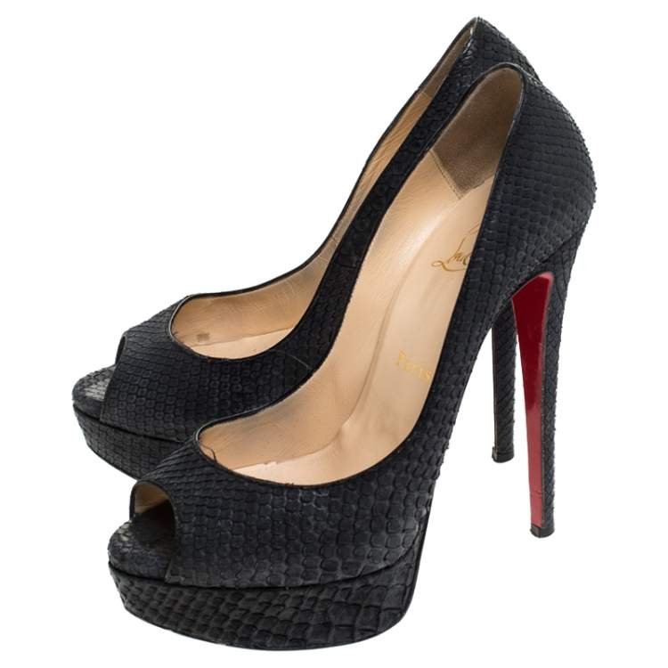 Pre Owned Christian Louboutin Black Python Leather Lady Peep Toe Platform Pumps Size 37.5