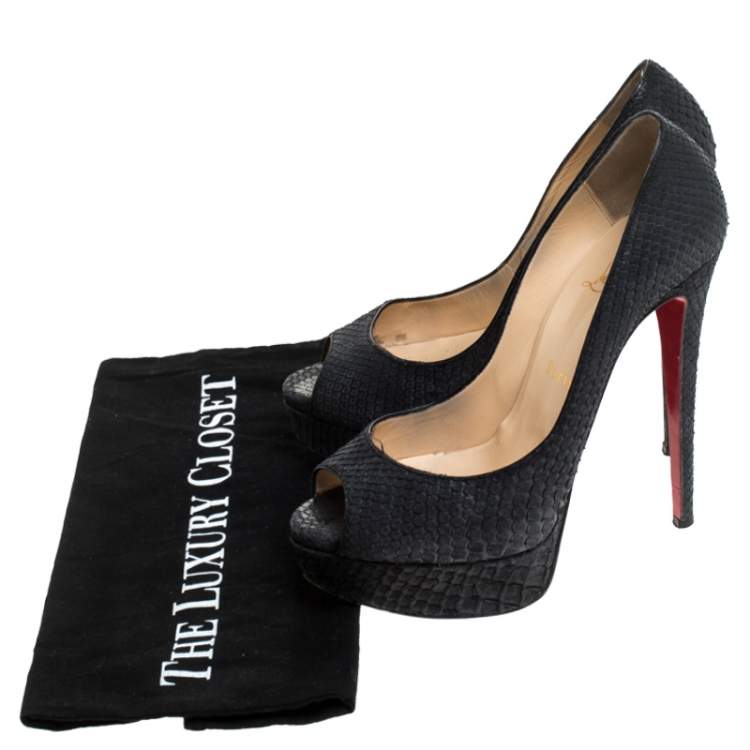 Pre Owned Christian Louboutin Black Python Leather Lady Peep Toe Platform Pumps Size 37.5