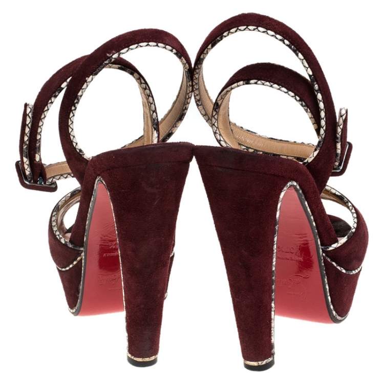 Pre Owned Christian Louboutin Burgundy  Suede LouLou Dance Platform Ankle Strap Sandals Size 37.5