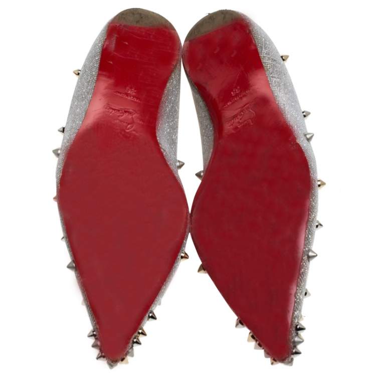 Pre Owned Christian Louboutin Metallic Silver Glitter Fabric  Degraspike Pointed Ballet Flats Size 36
