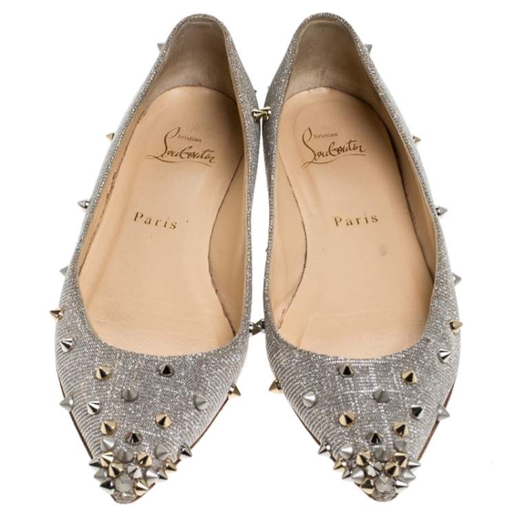 Pre Owned Christian Louboutin Metallic Silver Glitter Fabric  Degraspike Pointed Ballet Flats Size 36