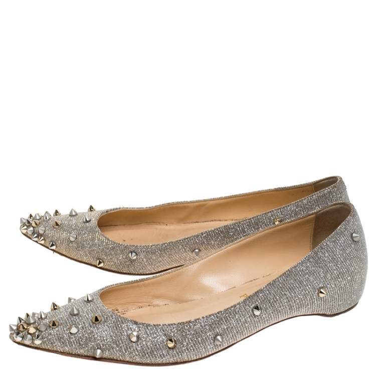 Pre Owned Christian Louboutin Metallic Silver Glitter Fabric  Degraspike Pointed Ballet Flats Size 36