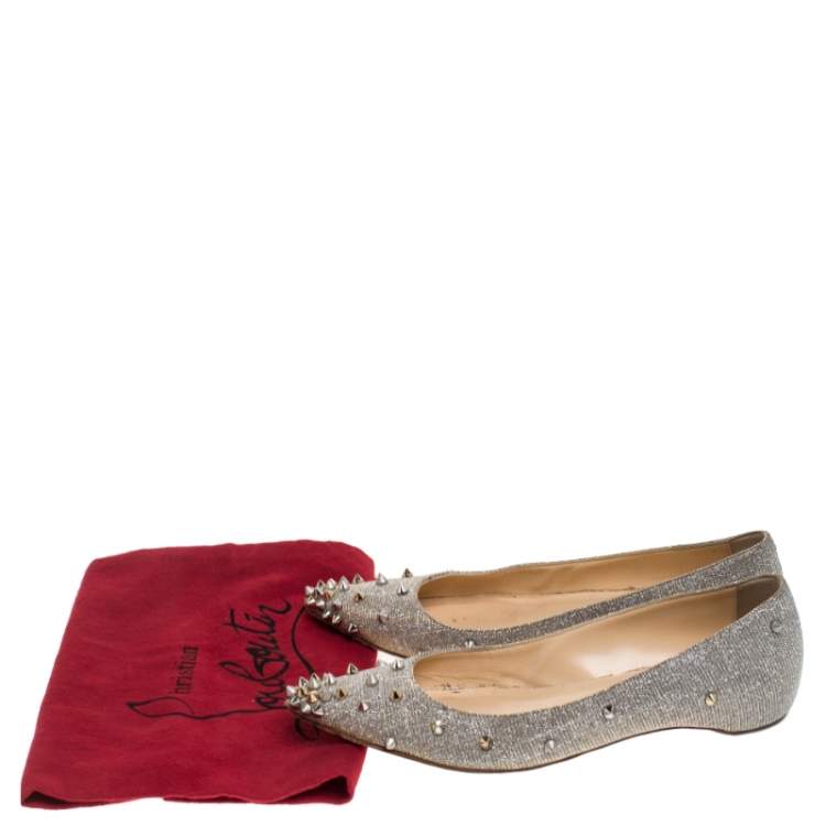 Pre Owned Christian Louboutin Metallic Silver Glitter Fabric  Degraspike Pointed Ballet Flats Size 36