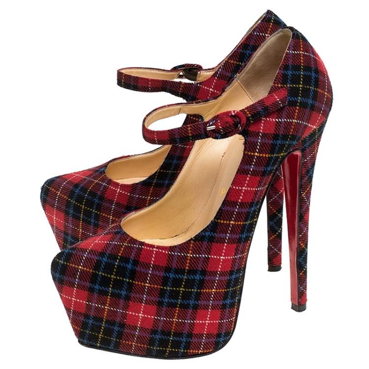 Pre Owned Christian Louboutin Multicolor Wool Blend Check Daffodils Mary Jane Platform Pumps Size 36