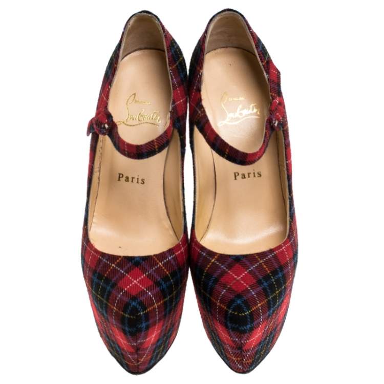 Pre Owned Christian Louboutin Multicolor Wool Blend Check Daffodils Mary Jane Platform Pumps Size 36