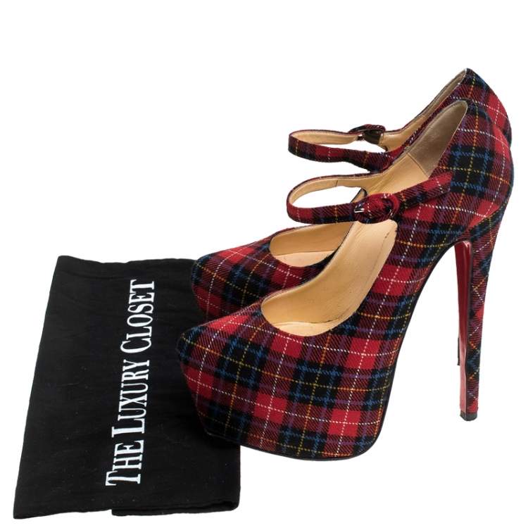 Pre Owned Christian Louboutin Multicolor Wool Blend Check Daffodils Mary Jane Platform Pumps Size 36