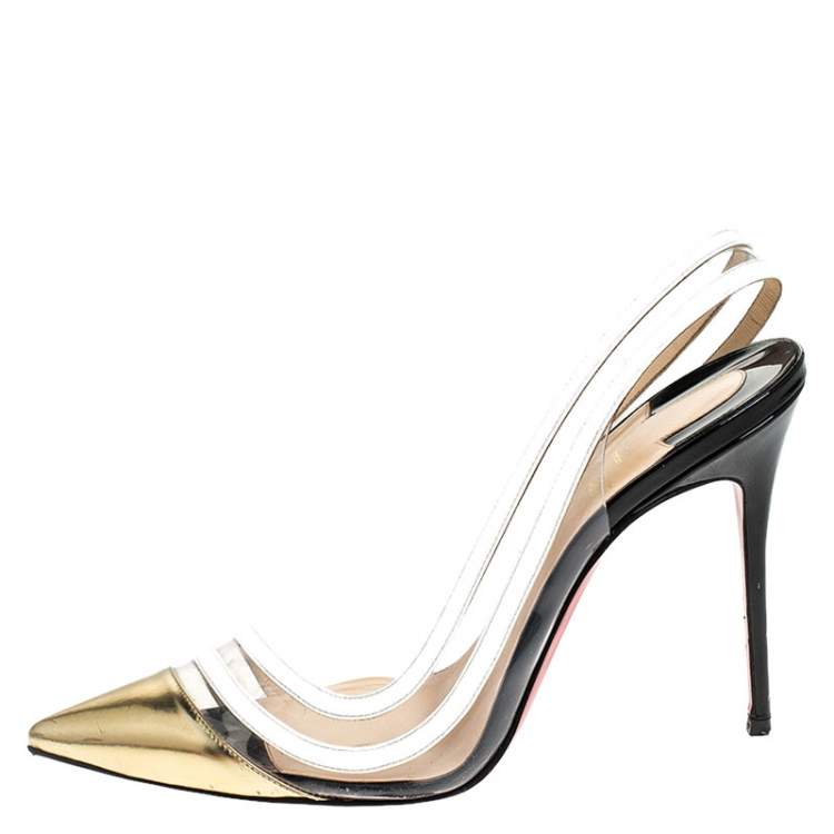 Pre Owned Christian Louboutin White/Gold Leather And PVC Paralili D'orsay Pumps Size 40