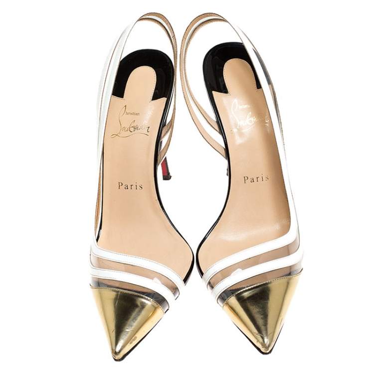 Pre Owned Christian Louboutin White/Gold Leather And PVC Paralili D'orsay Pumps Size 40