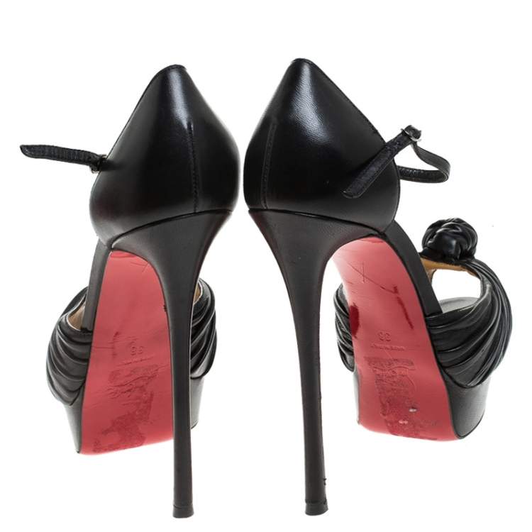 Pre Owned Christian Louboutin Black Leather Marchavekel Platform Ankle Strap Sandals Size 38