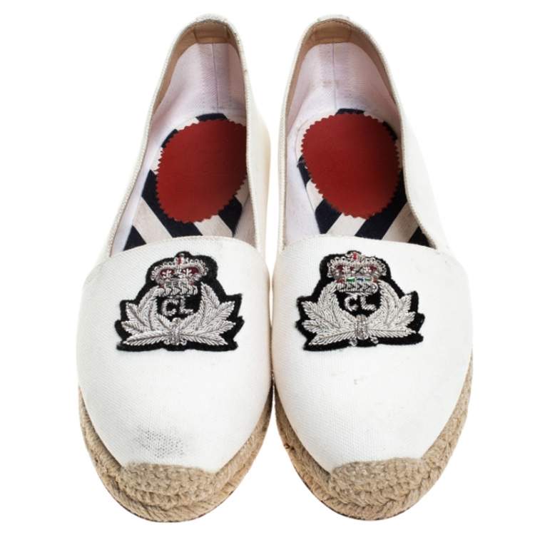 Pre Owned Christian Louboutin White Canvas Nanou Orlato Embellished Espadrilles Size 39