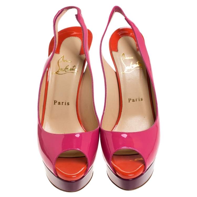 Pre Owned Christian Louboutin Tricolor Patent Leather Platform Slingback Sandals Size 37.5