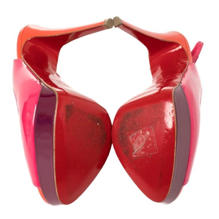 Pre Owned Christian Louboutin Tricolor Patent Leather Platform Slingback Sandals Size 37.5