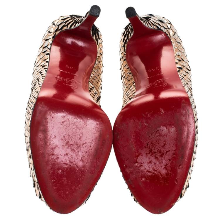 مملوكة مسبقًا Christian Louboutin Metallic Bronze Python Leather New Very Prive Peep Toe Pumps Size 36.5