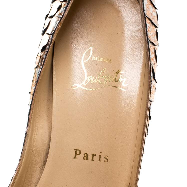 ممل�وكة مسبقًا Christian Louboutin Metallic Bronze Python Leather New Very Prive Peep Toe Pumps Size 36.5