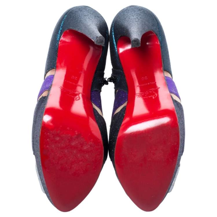 Pre Owned Christian Louboutin Mutlicolor Glitter Ziggy Peep Toe Ankle Booties Size 36