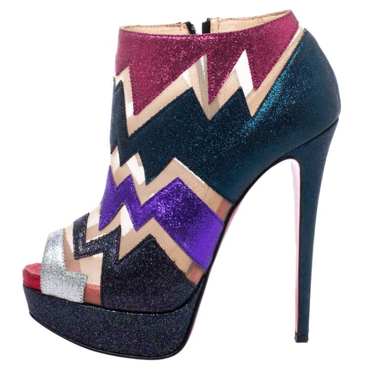Pre Owned Christian Louboutin Mutlicolor Glitter Ziggy Peep Toe Ankle Booties Size 36