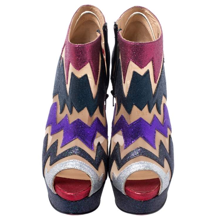 Pre Owned Christian Louboutin Mutlicolor Glitter Ziggy Peep Toe Ankle Booties Size 36