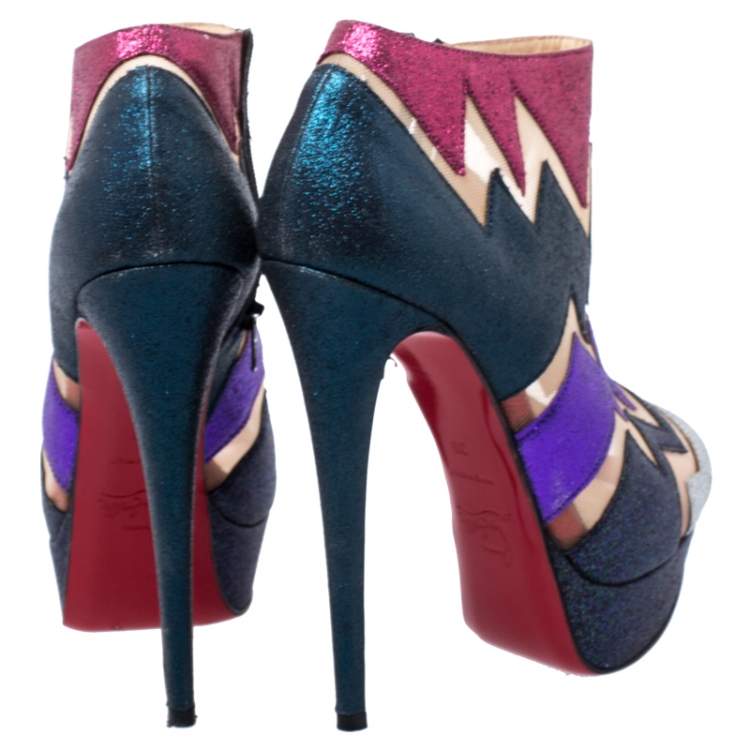Pre Owned Christian Louboutin Mutlicolor Glitter Ziggy Peep Toe Ankle Booties Size 36