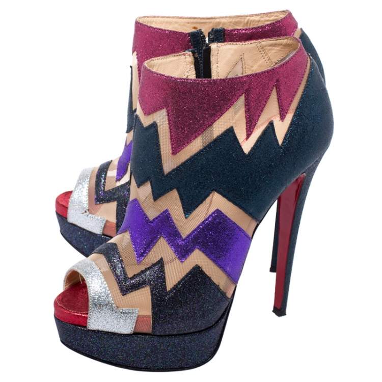 Pre Owned Christian Louboutin Mutlicolor Glitter Ziggy Peep Toe Ankle Booties Size 36