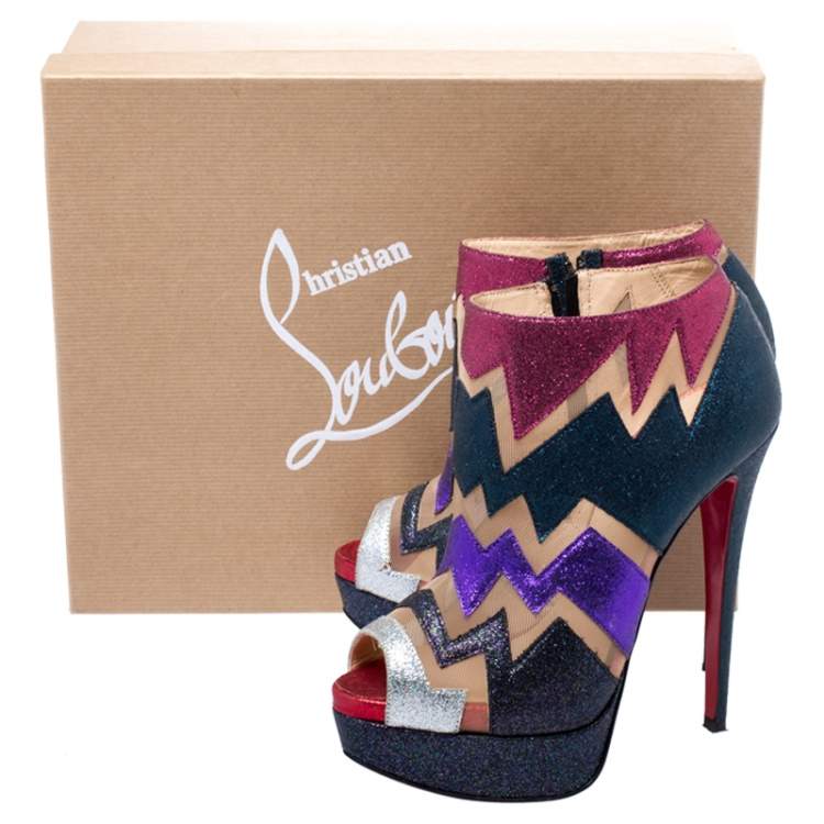 Pre Owned Christian Louboutin Mutlicolor Glitter Ziggy Peep Toe Ankle Booties Size 36