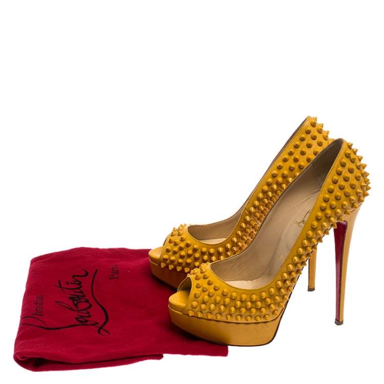 Pre Owned Christian Louboutin Mustard Leather Lady Peep Toe Spike Platform Pumps Size 39