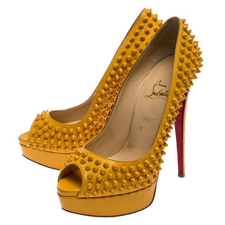 Pre Owned Christian Louboutin Mustard Leather Lady Peep Toe Spike Platform Pumps Size 39