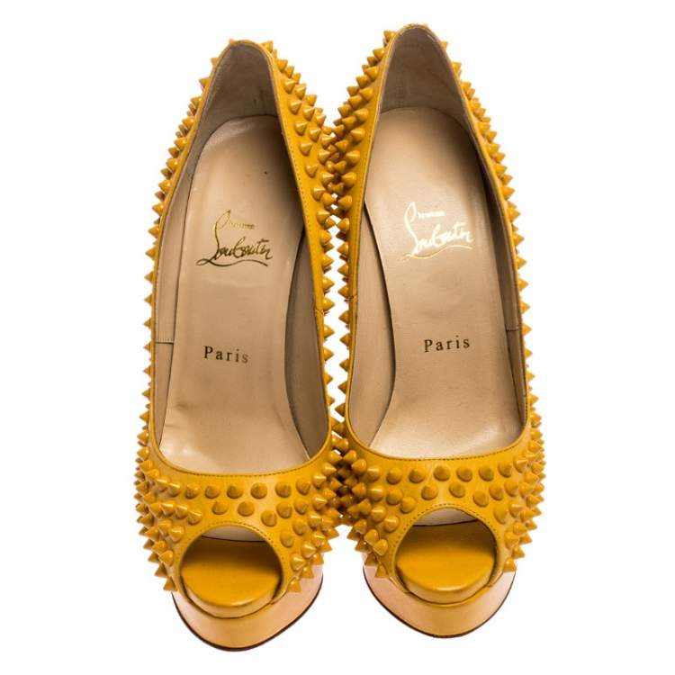 Pre Owned Christian Louboutin Mustard Leather Lady Peep Toe Spike Platform Pumps Size 39
