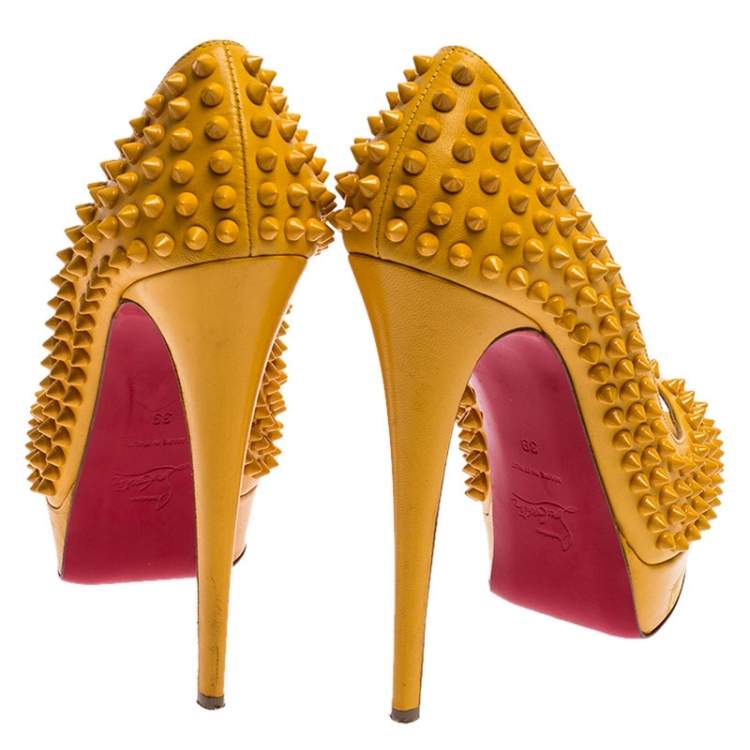 Pre Owned Christian Louboutin Mustard Leather Lady Peep Toe Spike Platform Pumps Size 39