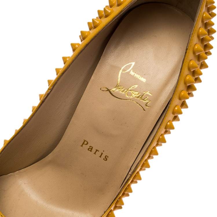 Pre Owned Christian Louboutin Mustard Leather Lady Peep Toe Spike Platform Pumps Size 39