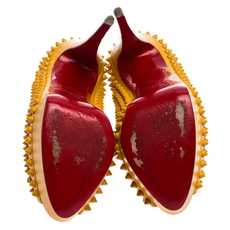 Pre Owned Christian Louboutin Mustard Leather Lady Peep Toe Spike Platform Pumps Size 39