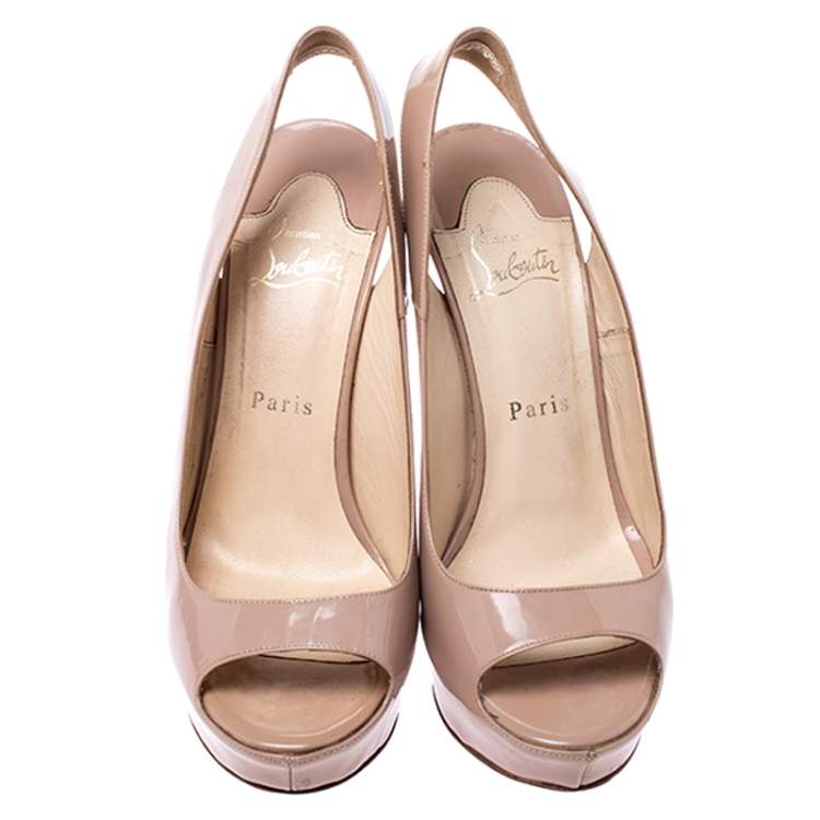 Pre Owned Christian Louboutin Beige Patent Leather Private Number Peep Toe Slingback Sandals Size 38.5