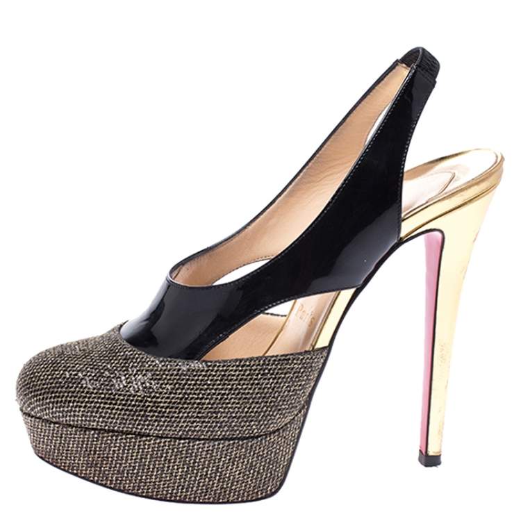 Pre Owned Christian Louboutin Black Patent Leather and Glitter Fabric Platform Slingback Pumps Size 36.5