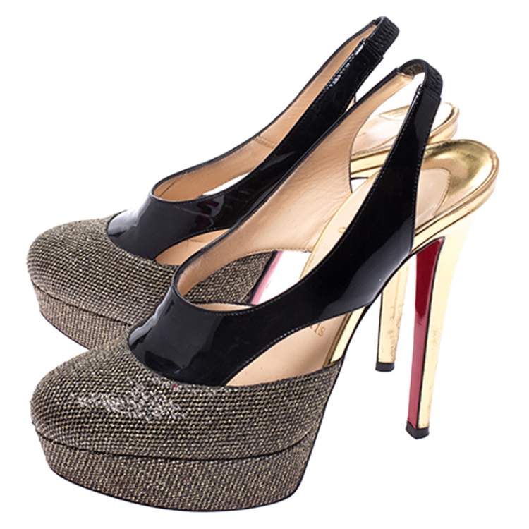 Pre Owned Christian Louboutin Black Patent Leather and Glitter Fabric Platform Slingback Pumps Size 36.5