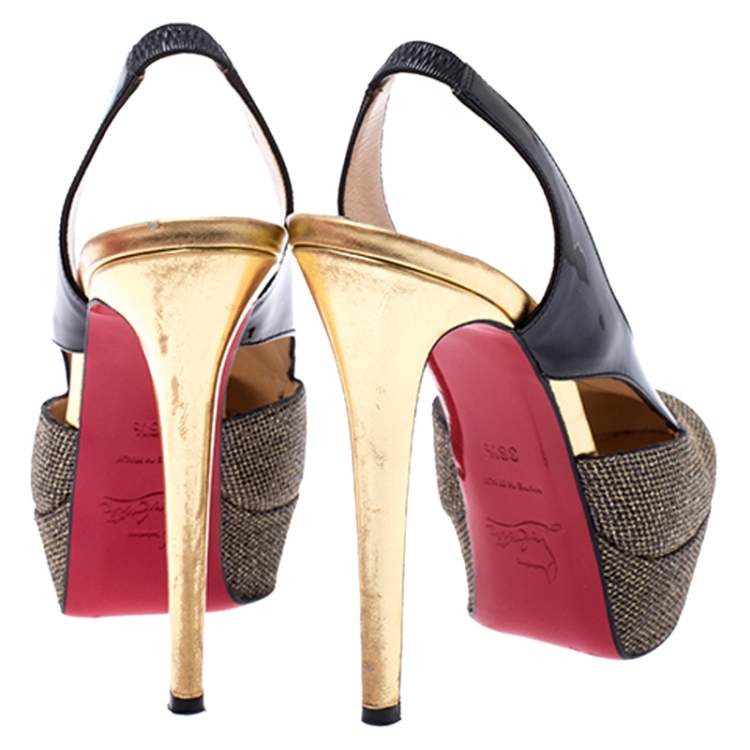 Pre Owned Christian Louboutin Black Patent Leather and Glitter Fabric Platform Slingback Pumps Size 36.5