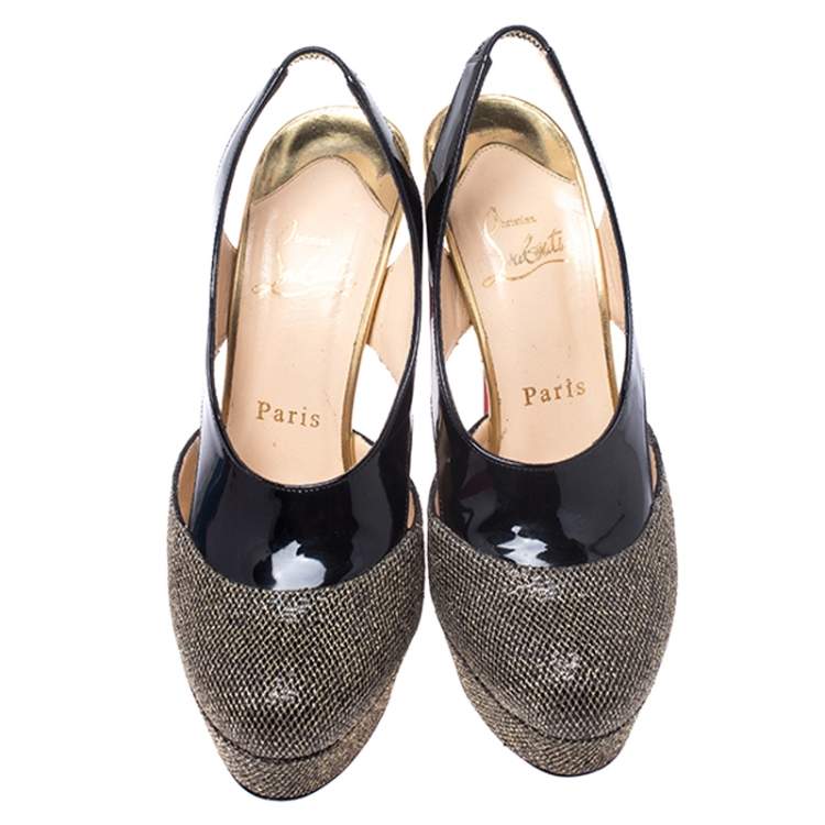 Pre Owned Christian Louboutin Black Patent Leather and Glitter Fabric Platform Slingback Pumps Size 36.5