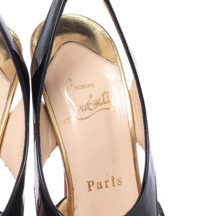 Pre Owned Christian Louboutin Black Patent Leather and Glitter Fabric Platform Slingback Pumps Size 36.5